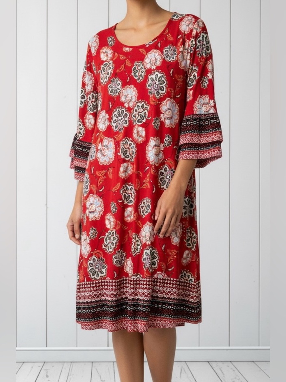 Cato Women's Red Floral Print Bell Sleeve Shift Dress Size XL